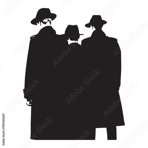 Three men in trench coats and hats silhouette male