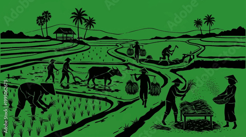 Illustration depicting traditional rice farming practices with farmers and a water buffalo plowing a field.