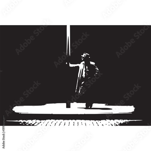 Silhouette of a man in a trench coat and fedora under a spotlight