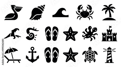 Black beach and sea life icon set featuring a pelican, crab, palm tree, starfish, and lighthouse for graphic design elements in a simple minimalist glyph style