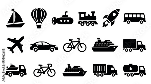 Collection of black transportation icons representing various vehicles for land, air, and sea travel, including a car, truck, ship, plane, and rocket in a simple silhouette style