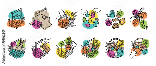 Set of hand-drawn Easter basket illustrations shows the step-by-step process of creating a holiday gift with eggs, toys, candy, and flowers in a charming doodle icon style