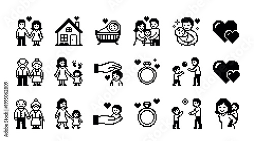 Collection of black pixel art icons representing family life stages, love, and relationships in a retro 8-bit video game style with a couple, baby, house, and parents