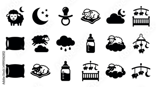 Set of black sleep-themed icons for babies and children, including a sheep, moon, crib, pacifier, and bottle, presented in a simple, graphic silhouette style for nursery design