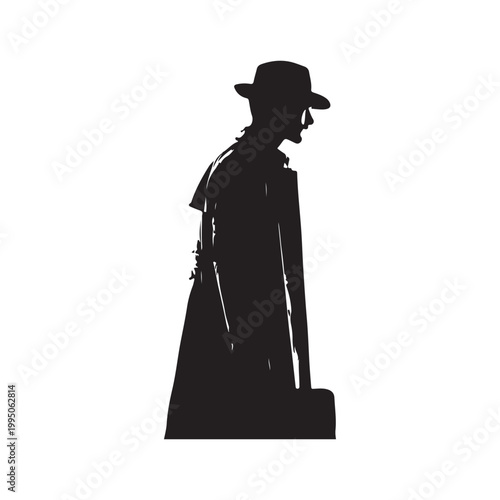 Silhouette of a man in a fedora hat carrying a suitcase