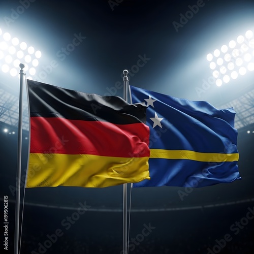 Germany vs curacao waving proudly under bright stadium lights at night. International Football Match 2026
