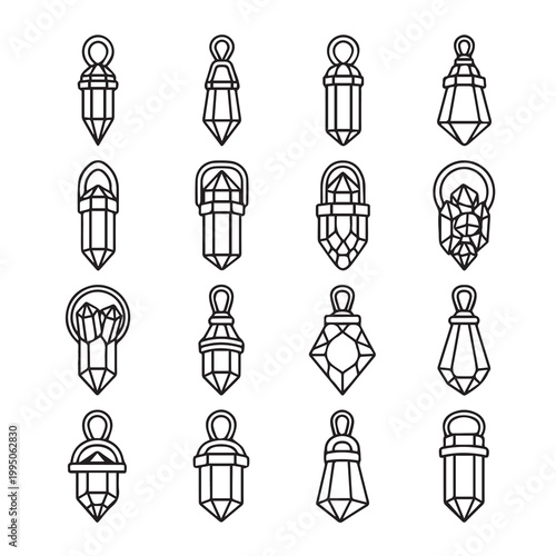 Geometric Crystal Pendants with Outline Design on White Background Vector