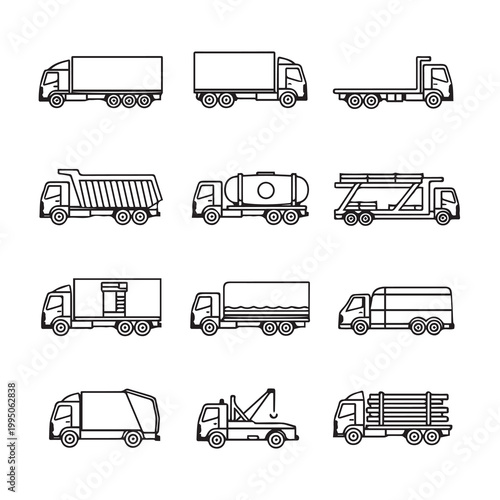 Diverse commercial truck outlines on white background for logistics and transport concepts