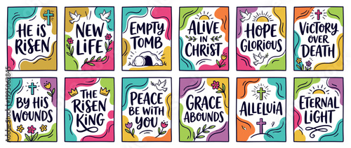 Colorful set of hand-drawn Easter cards with Christian lettering celebrating the resurrection of Jesus, featuring doodles of crosses, doves, and flowers in a vibrant, joyful style