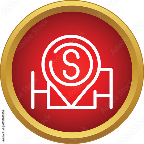Pin icon representing a store location with global positioning on a red background