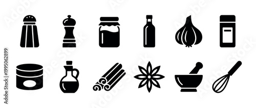 Twelve black silhouette icons of kitchen spices and condiments including a whisk, oil bottle, star anise, garlic, and pepper grinder in a simple minimalist graphic vector style