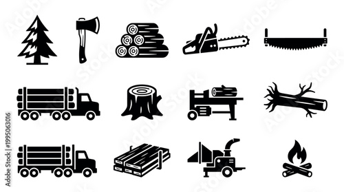 Black and white icon set illustrating the logging and lumberjack industry with symbols for a tree, axe, chainsaw, log truck, wood chipper, and campfire