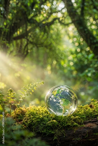 Glass globe on mossy log in sunlit forest representing environmental conservation and sustainability