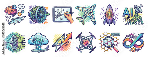Colorful collection of hand-drawn technology icons representing aerospace innovation, artificial intelligence, generative design, engineering, and process optimization concepts