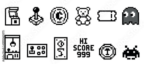 Set of monochrome pixel art icons for retro arcade gaming, featuring a joystick, cabinet, claw machine, alien, ghost, token, ticket, and high score text