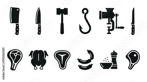 Set of black butchery icons showing meat preparation tools and raw food products like steak, chicken, and sausage in a minimalist graphic style for culinary design
