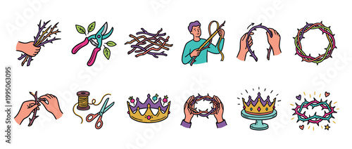 Colorful collection of hand-drawn doodle icons illustrating the step-by-step process of making a crown of thorns, a religious symbol of sacrifice, passion, and Easter