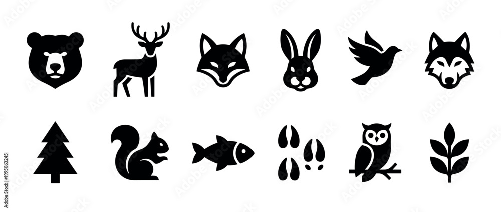 Obraz premium Set of black forest animal icons featuring a bear, deer, fox, wolf, rabbit, owl, squirrel, fish, and tree in a minimalist silhouette style for nature themes