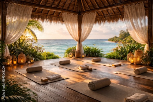 Tropical beach yoga spa pavilion overlooking ocean at sunset for relaxation and wellness