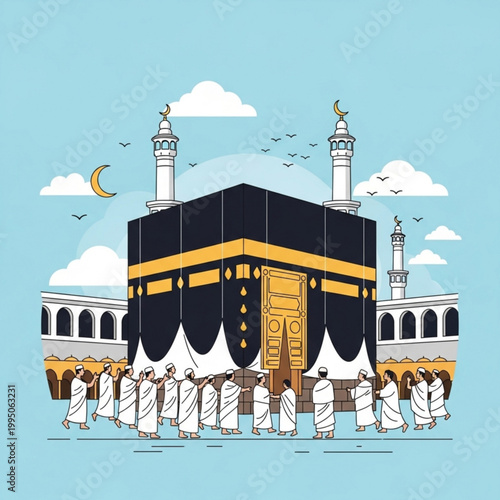 Illustration of a group of people in white robes walking around the kaaba in mecca with a blue sky and clouds