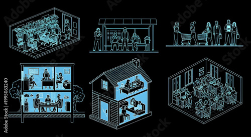 AutoCAD Shopping Lifestyle Vector Set – Daily Routine Multiview Clear Face Blueprint Cyan Outline on Black Background