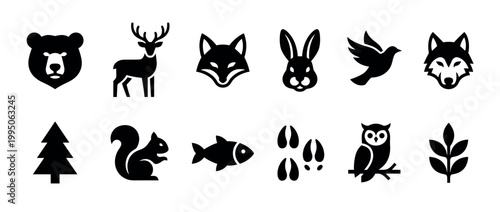 Set of black forest animal icons featuring a bear, deer, fox, wolf, rabbit, owl, squirrel, fish, and tree in a minimalist silhouette style for nature themes