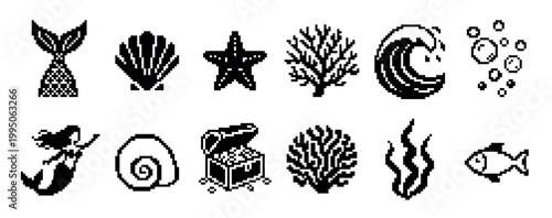 Set of black pixel art icons featuring marine life and fantasy elements like a mermaid, treasure chest, seashell, coral, and fish in a retro 8-bit video game style illustration