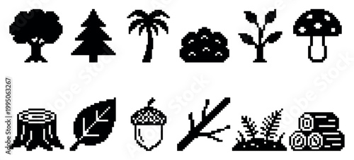 Set of black pixel art nature icons featuring a tree, pine, palm, mushroom, leaf, acorn, and logs in a simple retro 8-bit video game graphic asset collection