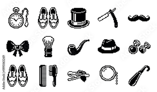 Set of vintage gentleman's accessories pixel art icons in a monochrome 8-bit style, featuring a top hat, monocle, smoking pipe, bow tie, shoes, pocket watch, and razor