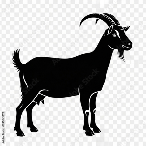 A black silhouette illustration of a goat standing on a transparent background with white checkered pattern
