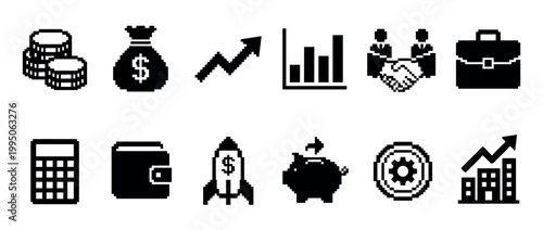 Set of black pixel art icons for business and finance, including a money bag, coins, piggy bank, growth chart, and briefcase in a retro 8-bit video game style
