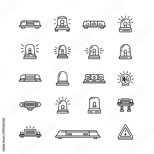 Emergency vehicle lightbar and siren icons with clean linework on white
