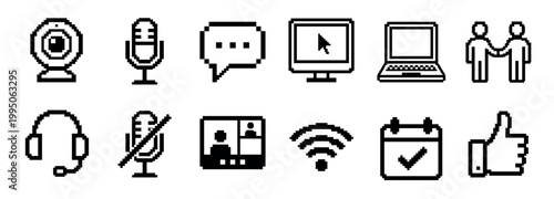 Set of black pixel art icons for online communication and video conferencing in a retro 8-bit style, featuring a webcam, microphone, laptop, and headset for digital meetings
