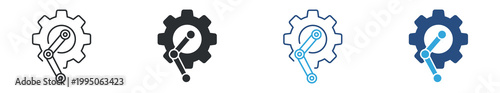 Automation Process icon set. Gear with robotic arm, industrial automation and mechanical workflow concept, smart manufacturing and technology symbol, vector illustration