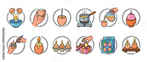 Set of twelve illustrated icons showing the step-by-step process of making decorative candles from eggshells, from cracking the egg to melting wax, decorating, and gifting