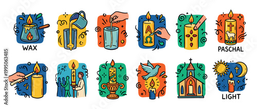 Colorful set of hand-drawn doodle icons showing the process of making candles and their use in Christian religious ceremonies, including a Paschal candle with a lamb and cross