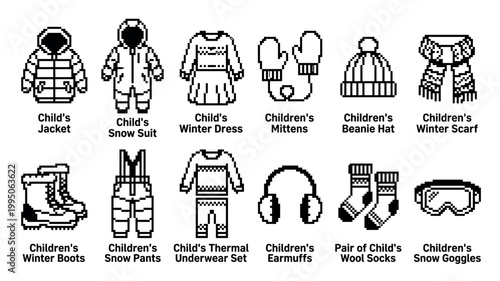 Collection of children's winter clothing pixel art icons showing a jacket, snow suit, mittens, beanie, scarf, boots, and other cold weather apparel in a retro 8-bit graphic style
