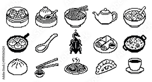 Pixelated black and white Asian food icons featuring dim sum, noodles, dumplings, tea, and other traditional dishes in a retro 8-bit video game style graphic illustration set