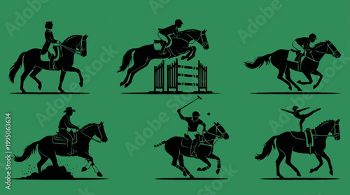 Collection of Silhouettes Depicting Various Equestrian Sports and Activities on a Green Background.