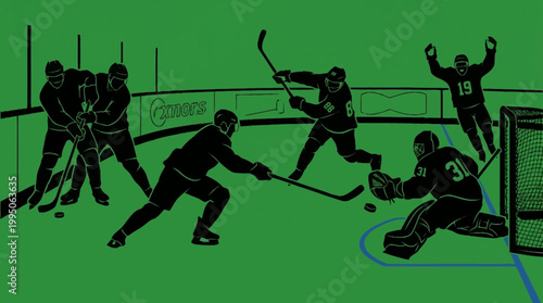 A dynamic illustration captures a thrilling ice hockey game with players in action, a goalie making a save, and a player celebrating a goal.