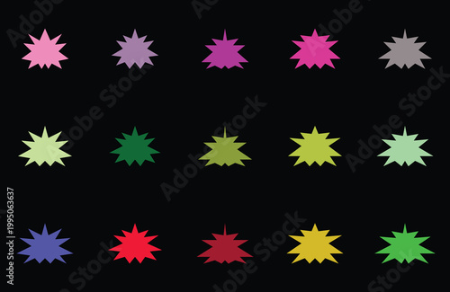 Fifteen distinct, multi-coloured, spiky star shapes arranged in an organised grid.
