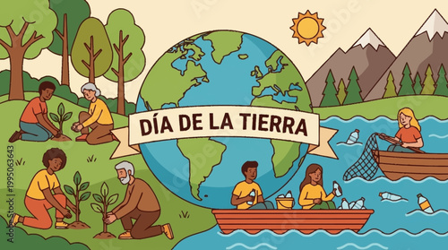 Diverse group of people actively participating in Earth Day activities, including planting trees and cleaning up plastic waste from a river.