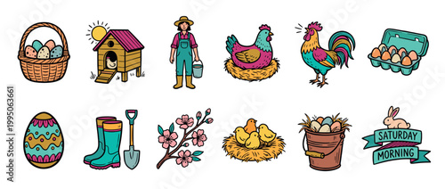 Colorful set of hand-drawn farm and Easter illustrations including a farmer, chicken, rooster, chicks, decorated eggs, and spring blossoms in a charming doodle style collection