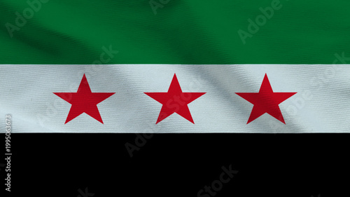 The image shows the Syrian flag, featuring three red stars, waving proudly. This scene captures the essence of Independence Day and Sovereignty, representing national pride and unity.