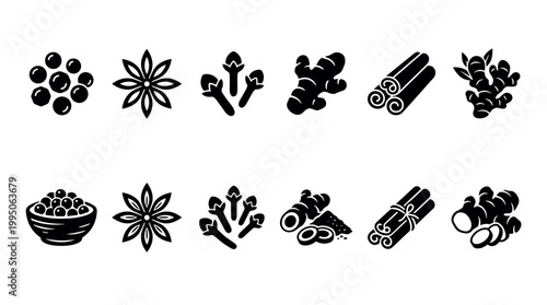 Black spice and herb icon set featuring peppercorn, star anise, clove, ginger, and cinnamon in a simple glyph and detailed silhouette style for culinary design