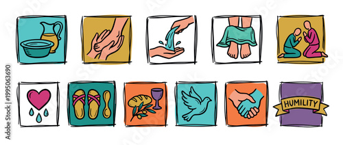 Colorful hand-drawn doodle icon set depicting Christian symbols of humility and service, including foot washing, prayer, communion, and the holy spirit in a sketchy style