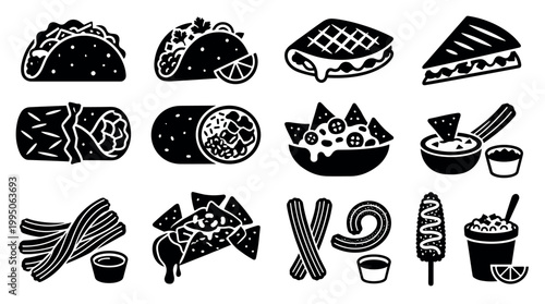 Set of black and white Mexican food icons featuring tacos, burritos, nachos, quesadillas, and churros in a minimalist graphic glyph style for menu or restaurant design
