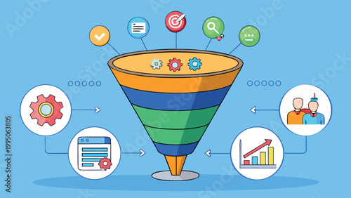 Marketing sales funnel illustration with business icons for lead generation strategy and customer conversion process on blue background