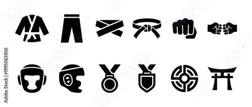 Set of black martial arts icons including a gi uniform, belt, fist, headgear, medal, and dojo symbols for combat sports like karate, judo, or taekwondo