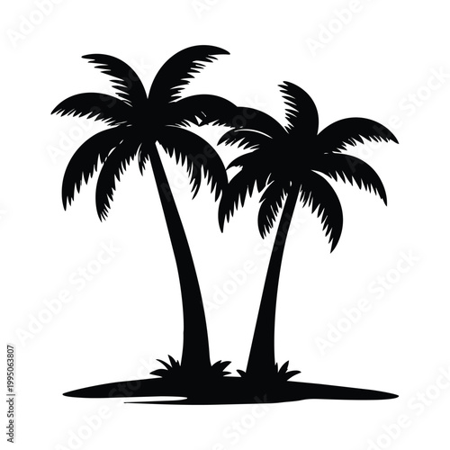 Tropical sunset beach with palm tree silhouettes in a vector illustration of a summer island paradise